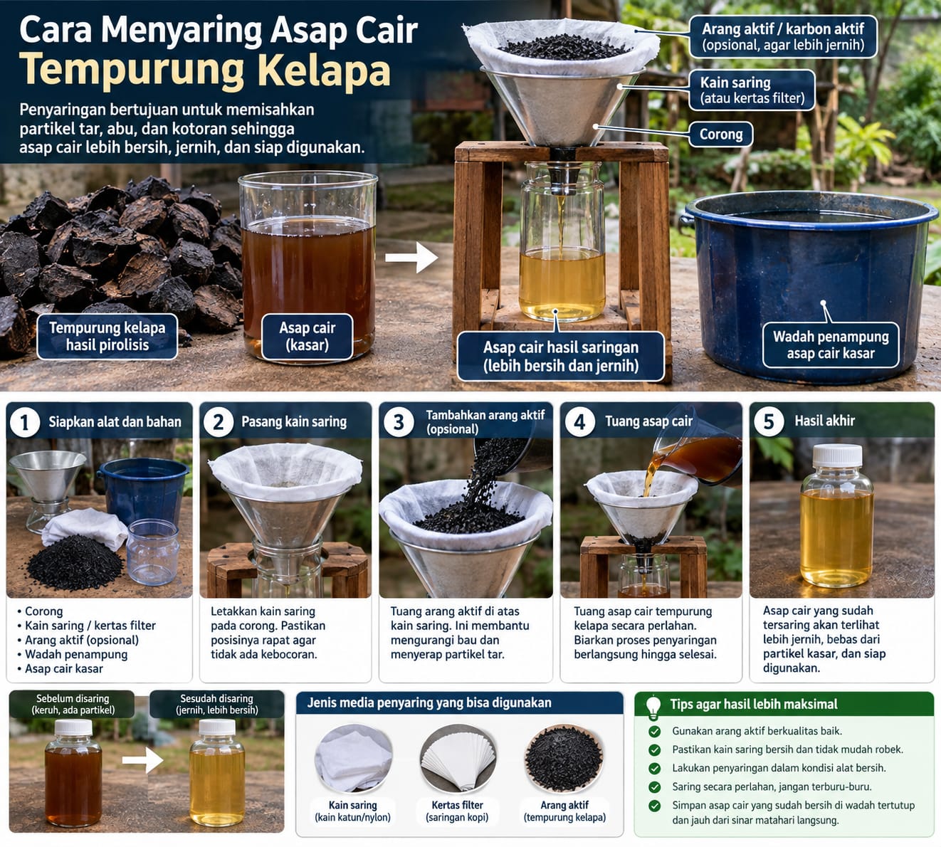 cara menyaring asap cair tempurung